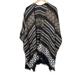 Lucky Brand Open-Front Knit Kimono Cardigan Shawl boho  Fringe Hem One Size